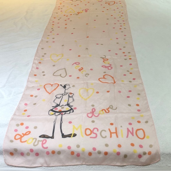 Authentic Moschino Scarf, 100% Silk, 19 1/2”Wx60”L, Pink, Olive Oyl, Love, Piece - Picture 2 of 11